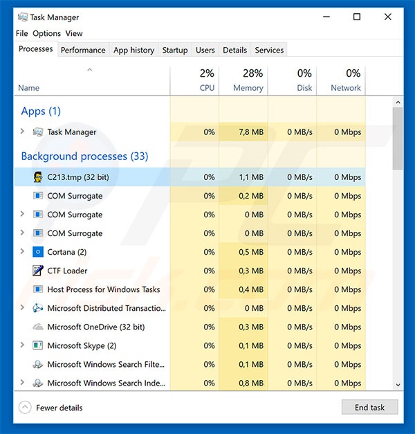 Esempio di processo XMR Miner all'interno del Task Manager di sistema