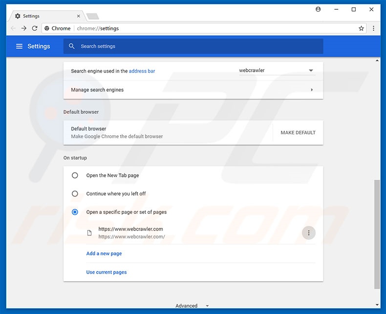 Removing webcrawler.com from Google Chrome homepage