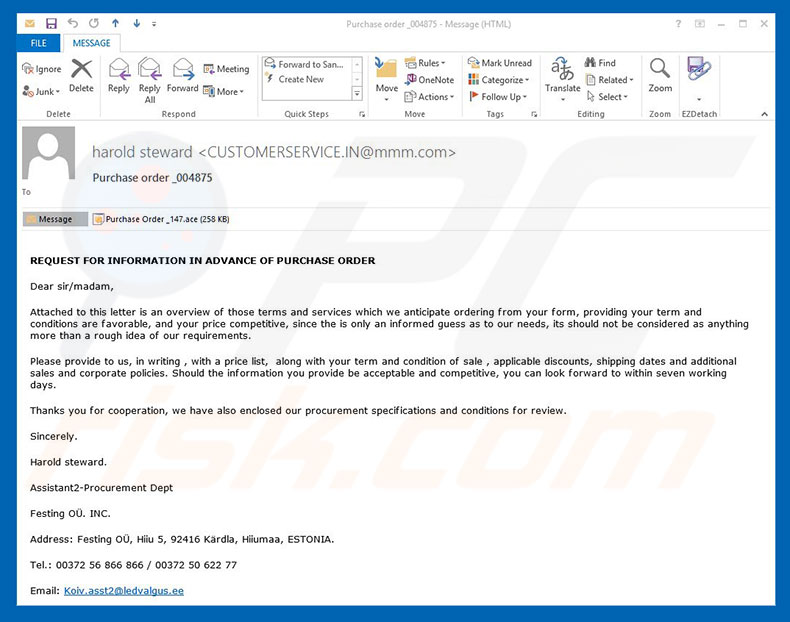 Purchase Order Email Virus malware