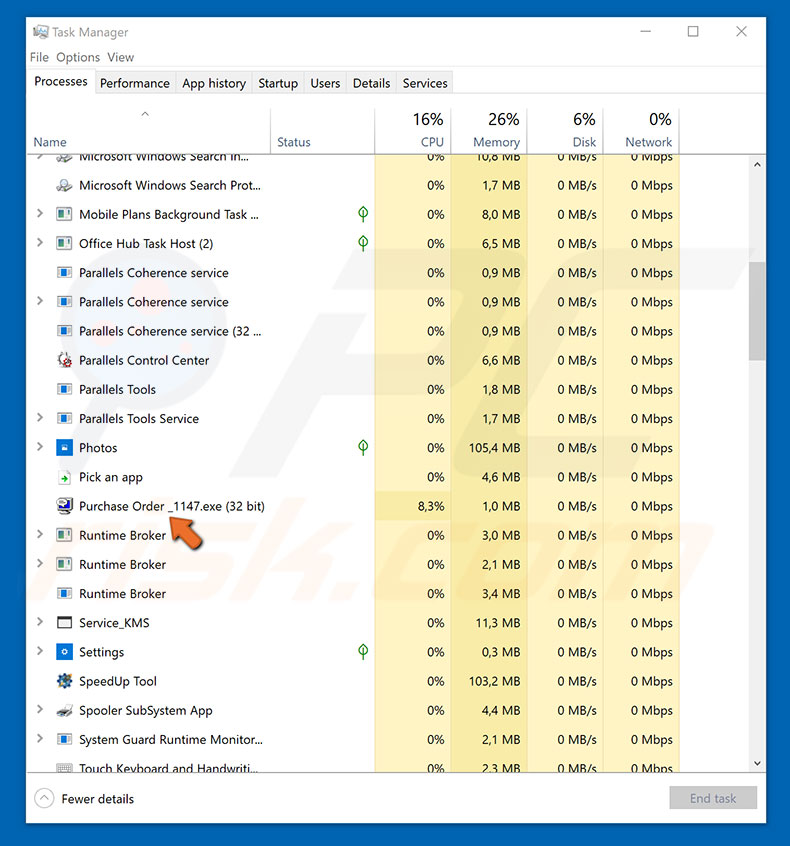 Processo di pony trojan in Task Manager di Windows