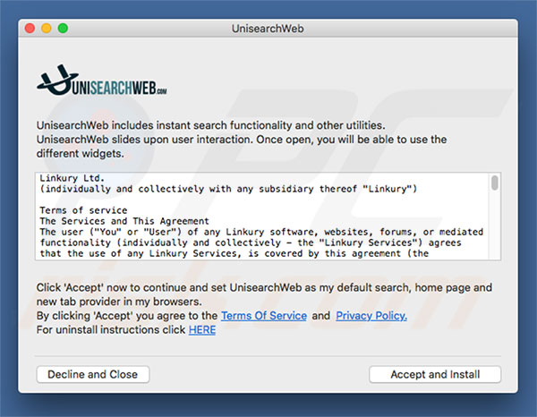 Delusive installer used to promote unisearchweb.com