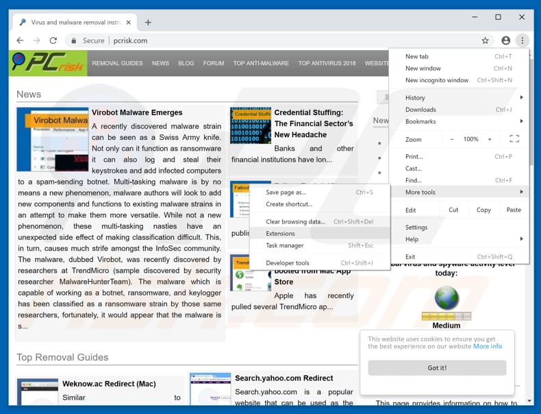 Removing rogue extensions from Google Chrome step 1