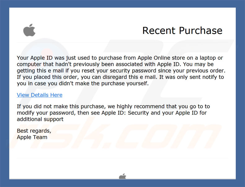 Apple Recent Purchase Email Virus malware