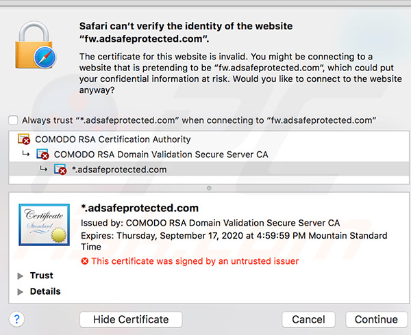 Safari can't verify the identity of the website fw.adsafeprotected.com error details