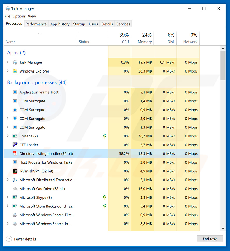 Hawkeye keylogger in the Task Manager