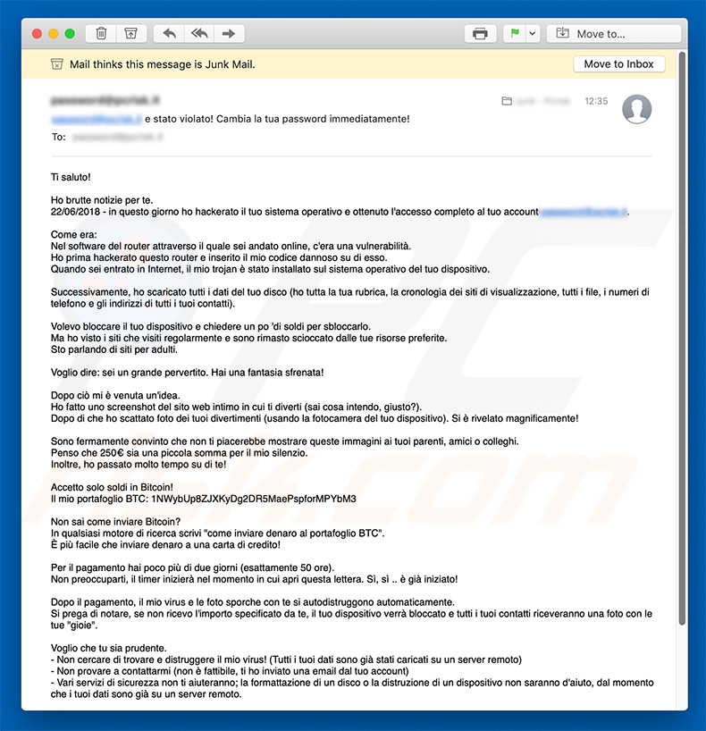 Email Con Account Hackerato E Richiesta Riscatto In Bitcoin