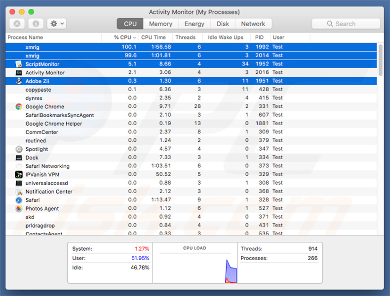 Processi del minatore XMRig in Activity Monitor