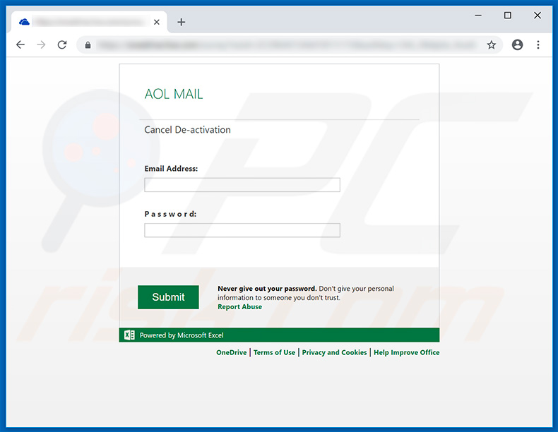 Sito Web AOL Mail falso utilizzato per il phishing