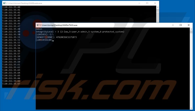 Screenshot delle finestre del prompt dei comandi aperte da ITLOCK durante la crittografia