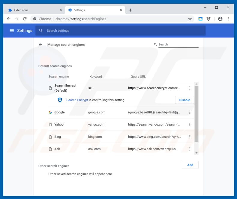 Removing search.searchm3w1.com from Google Chrome default search engine