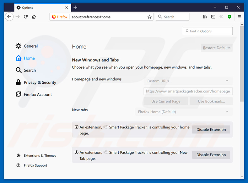 Removing smartpackagetracker.com from Mozilla Firefox homepage