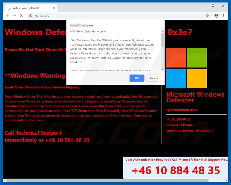 Windows Defender Alert (0x3e7) scam