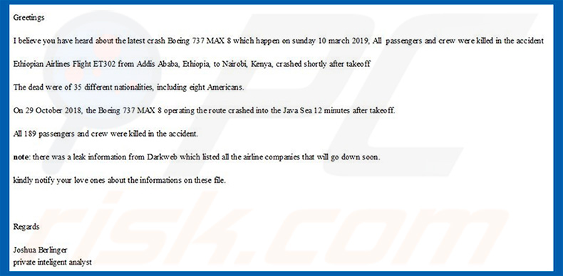 Campagna email di spam relativa all'incidente del Boeing 737 Max 8 che promuove H-Worm RAT