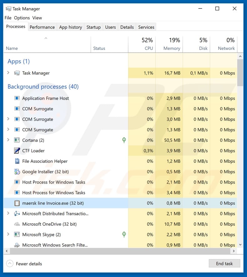 Screenshot di un processo Pony dannoso in esecuzione in Task Manager 