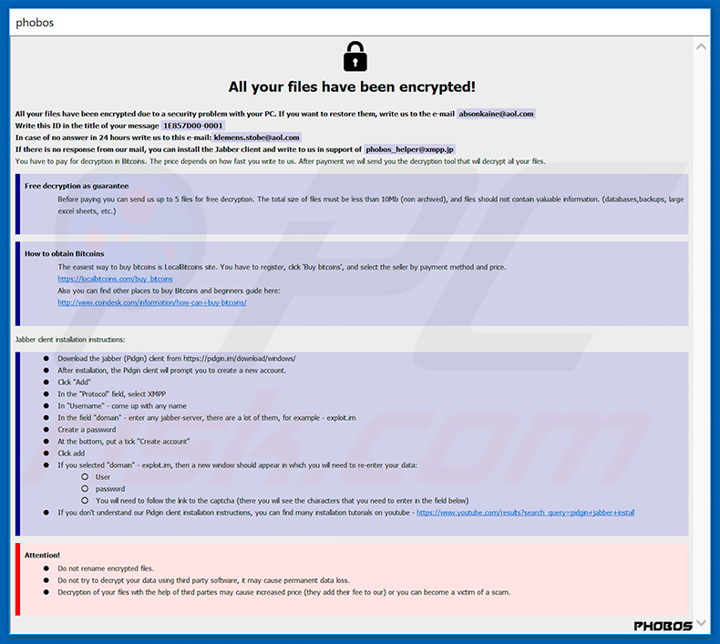 Screenshot della finestra pop-up di Phoenix-Phobos ransomware (