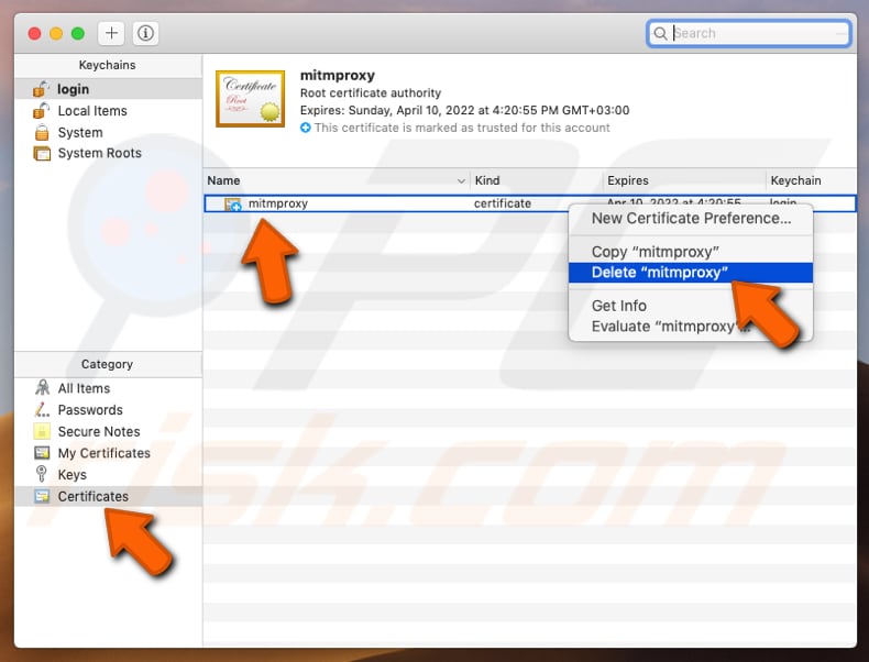 delete Spi certificate added to keychain access step 2