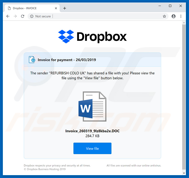 Screenshot dell'allegato dannoso scaricato su un sito Web Dropbox