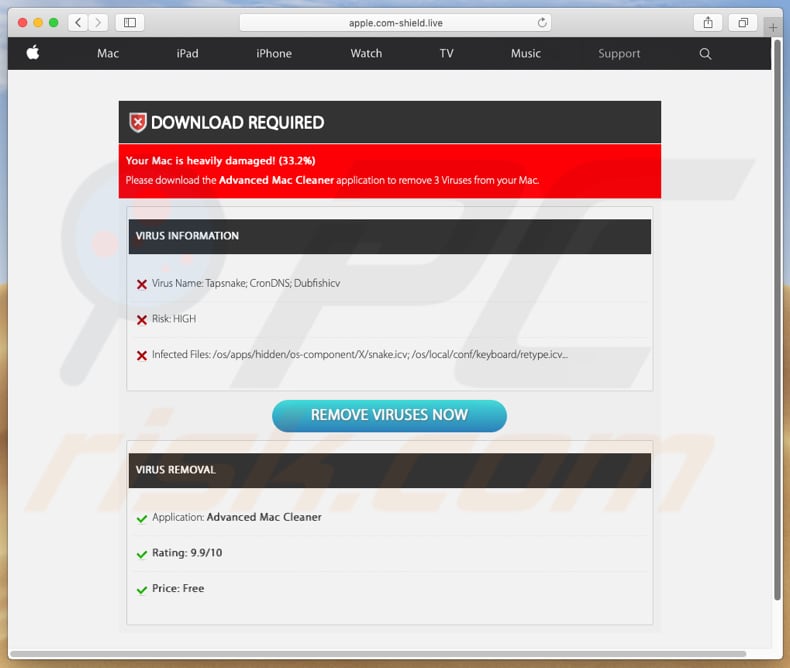 apple.com-shield[.]live second page showing fake detections
