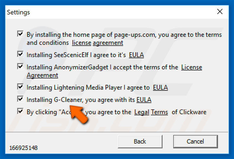 Screenshot del programma di installazione ingannevole che raggruppa applicazioni indesiderate di G-Cleaner