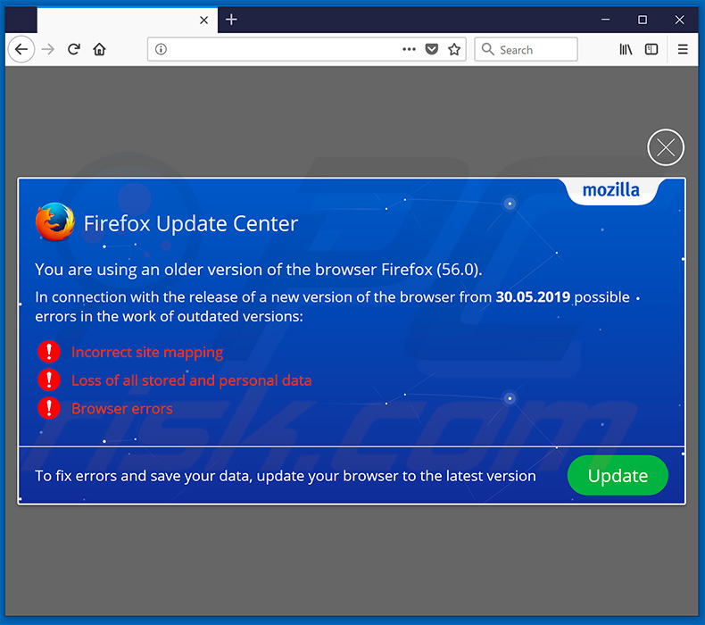 Website encouraging visitor to update Mozilla Firefox web browser