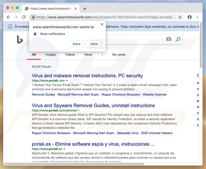 searchnewworld.com browser hijacker on a Mac computer