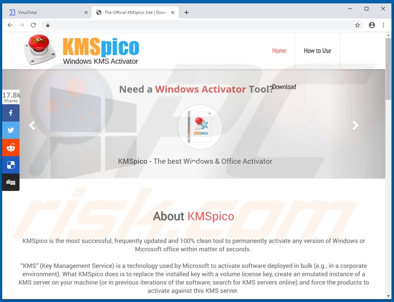 Sito web che promuove lo strumento KMSPico