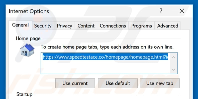 Removing speedtestace.co from Internet Explorer homepage