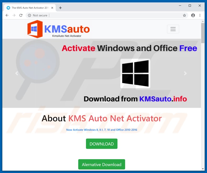 Sito che promuove lo strumento di attivazione di KMSAuto