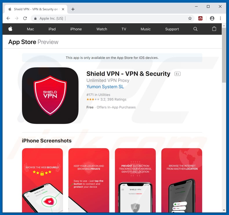 Shield VPN app promoted through a scam website