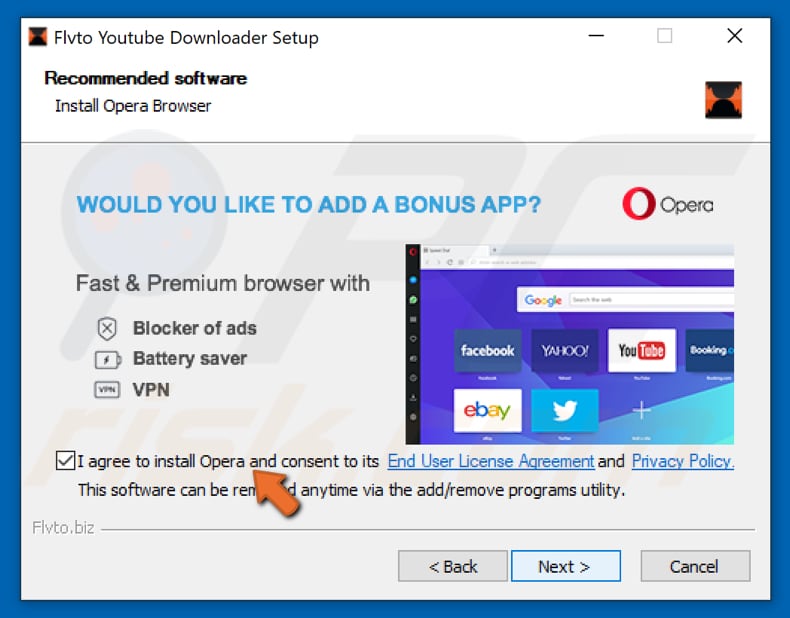 Schermata del browser Web Opera in bundle nella configurazione di Flvto Youtube Downloader