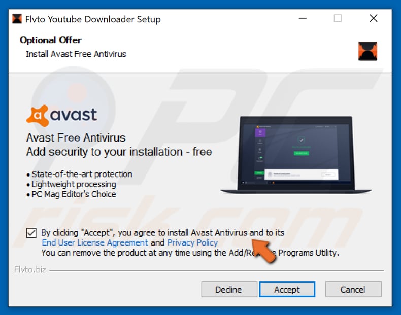 Schermata della suite antivirus Avast inclusa nella configurazione di Flvto Youtube Downloader