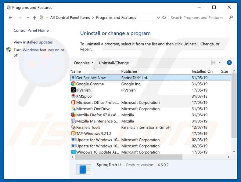 search.hgetrecipesnow.com browser hijacker uninstall via Control Panel