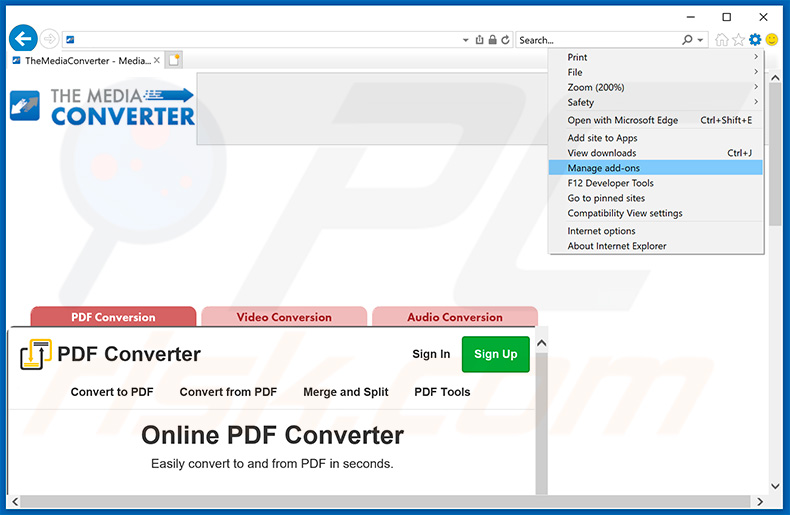 Removing TheMediaConverter Promos ads from Internet Explorer step 1
