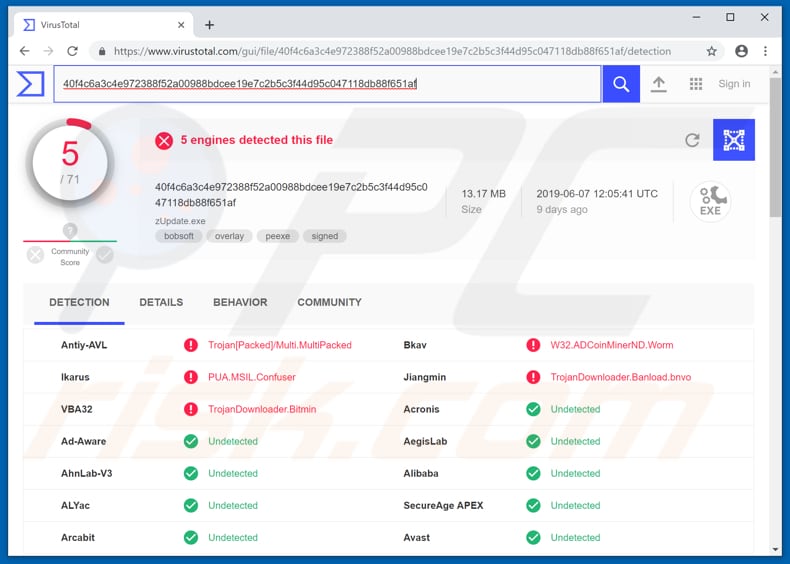 zupdater.exe detected as a threat in virustotal