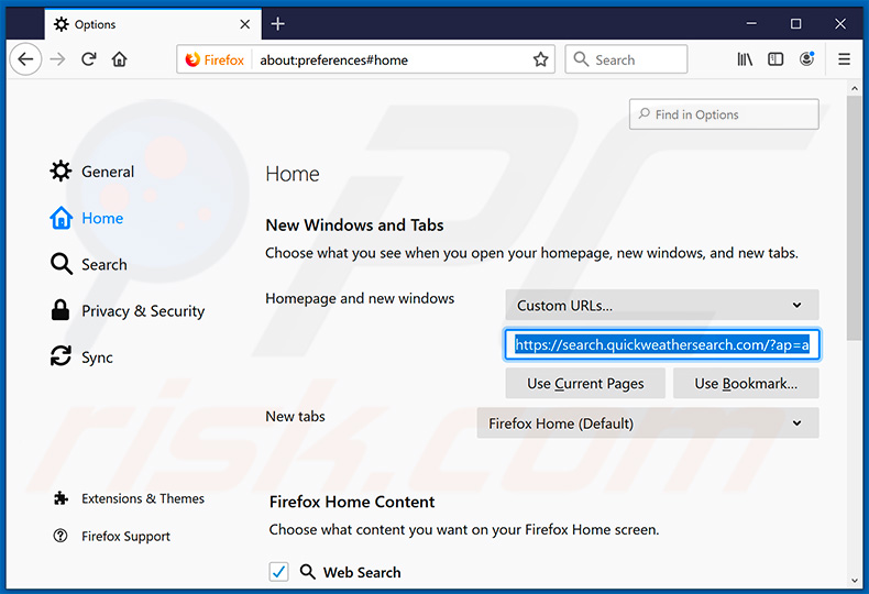 Removing search.quickweathersearch.com from Mozilla Firefox homepage