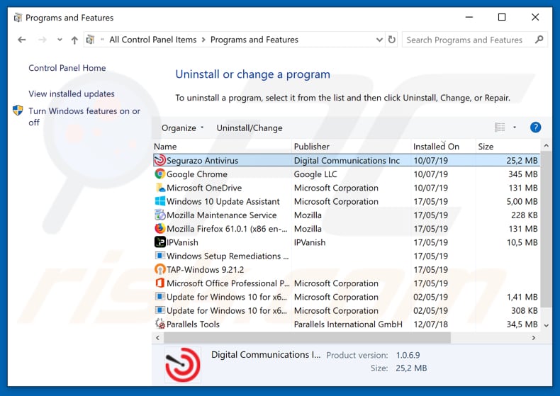 Segurazo adware uninstall via Control Panel