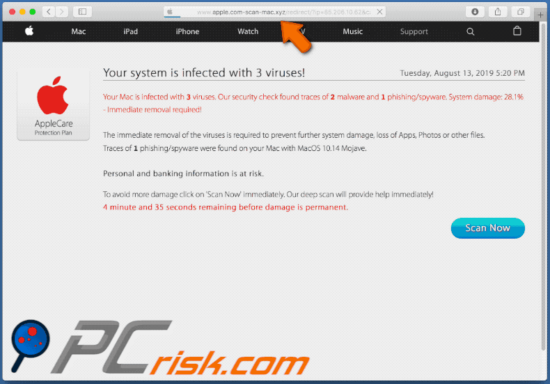 Appearance of apple.com-scan-mac[.]xyz scam (GIF)