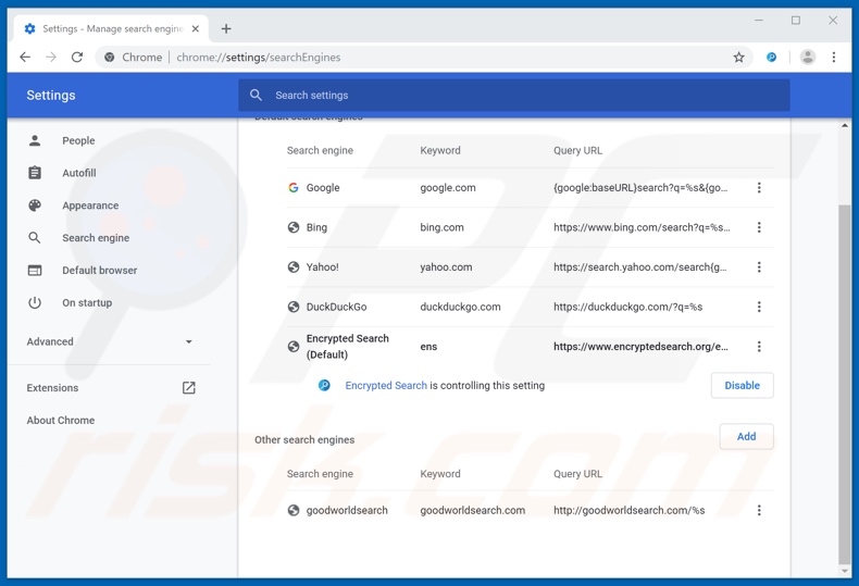 Removing encryptedsearch.org from Google Chrome default search engine