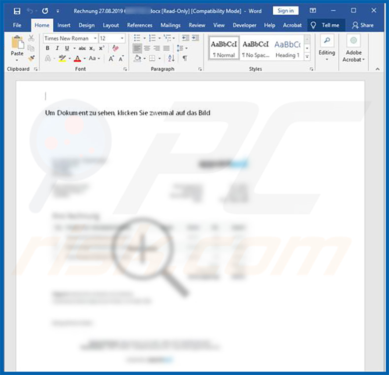 Malicious Microsoft Word document (email attachment) that injects Retefe trojan into the system