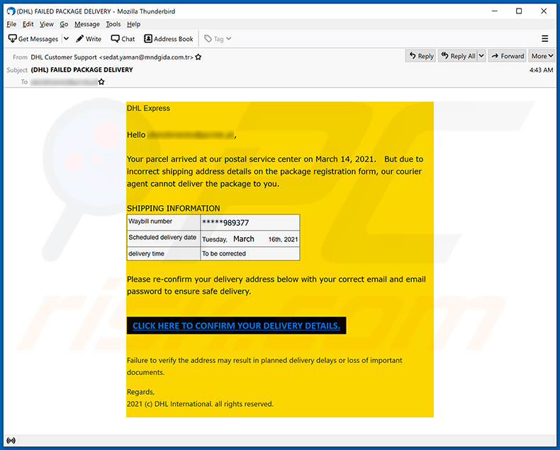 E-mail di spam a tema DHL Express che promuove un sito di phishing (2021-03-15)