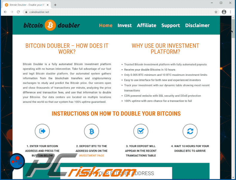 Screenshot del sito web della truffa promosso (coindoubler[.]net)