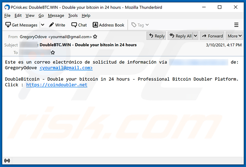 Email di spam utilizzata per promuovere il sito Web truffa Double Your BTC (2021-03-15)