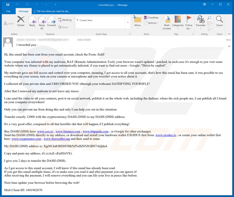 Sextortion Email (Dash) spam campaign