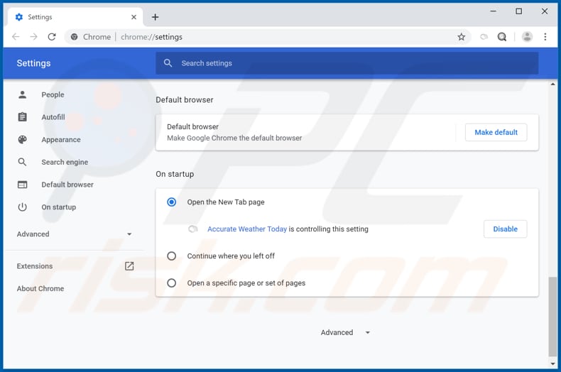 Removing accurateweathertoday.com from Google Chrome homepage