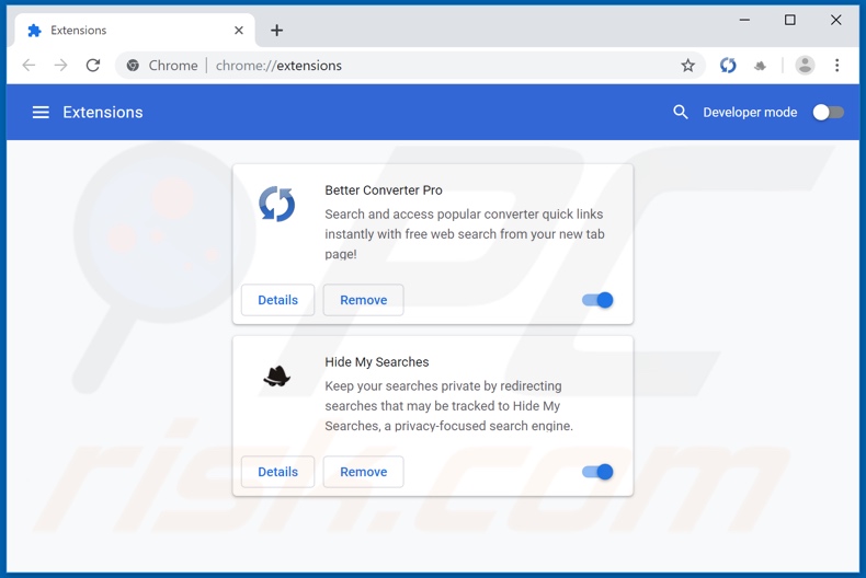 Removing search.betterconverterprotab.com related Google Chrome extensions