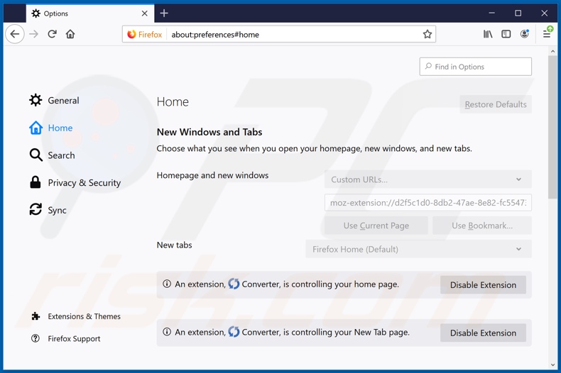 Removing search.betterconverterprotab.com from Mozilla Firefox homepage