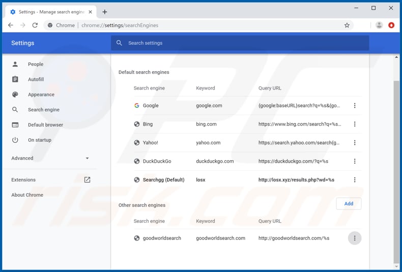 Removing losx.xyz from Google Chrome default search engine