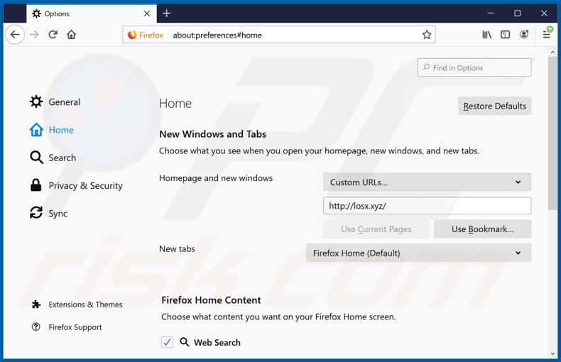 Removing losx.xyz from Mozilla Firefox homepage