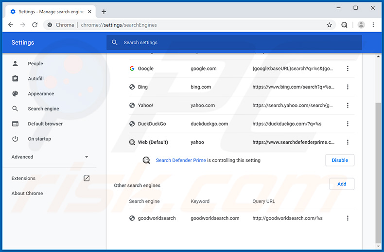 Removing searchdefenderprime.com from Google Chrome default search engine