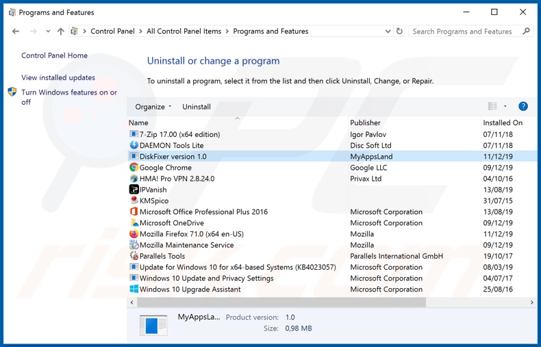 DiskFixer adware uninstall via Control Panel